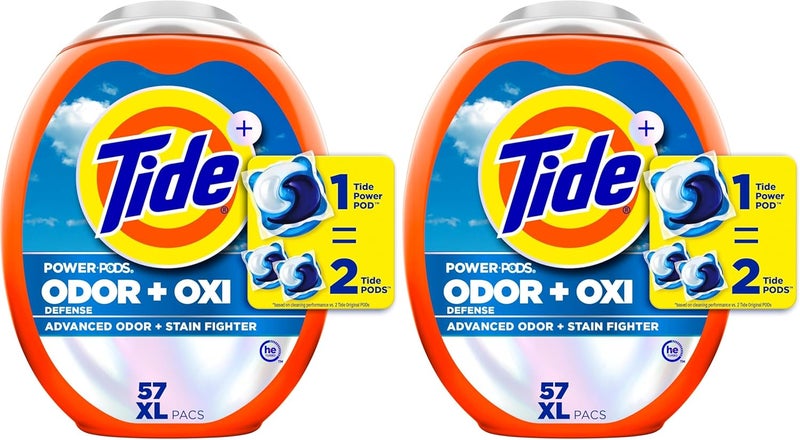 Tide دفاع ضد الروائح + أكسيد منظف الغسيل، رائحة أصلية، 57 قطعة، مقاتل متقدم ضد الروائح + البقع (عبوة من 2) - Image 1
